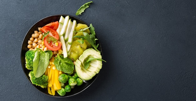 Vegan buddha bowl. Healthy vegetable lunch . Top view