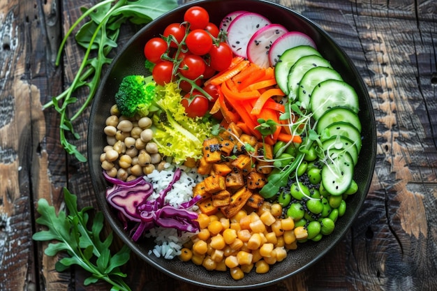 Photo vegan buddha bowl with chickpeas sweet potato edamame beans and vegetables on rustic wooden table