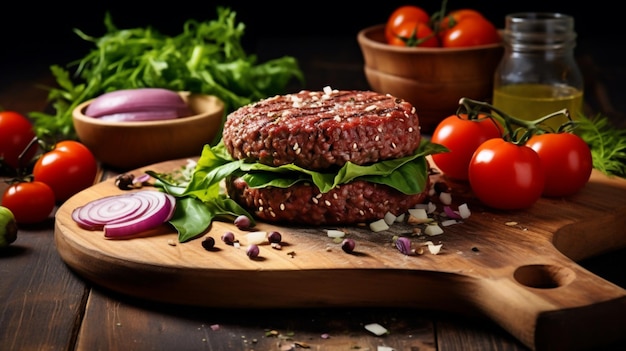 Vegan burger ingredients with plant based meat free cutlet on wooden board on dark background Raw Plant based meat for burgers and other burger ingredients Healthy vegan food concept