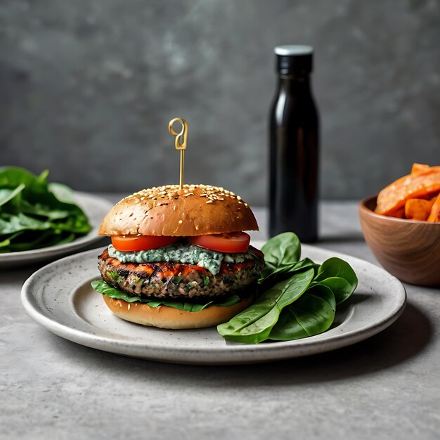 Photo vegan burger with black bean quinoa patty avocado spread and sweet potato fries ai generate