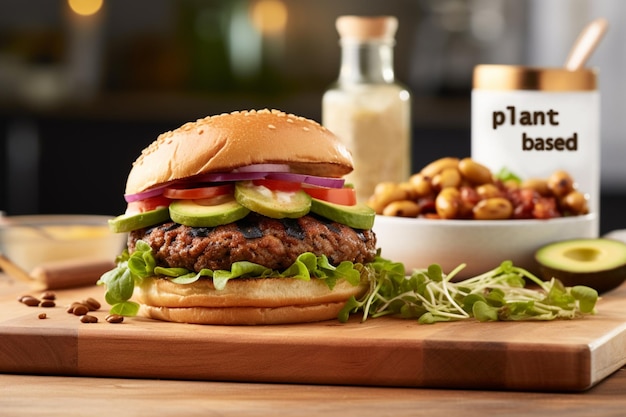 Vegan burger with plant based meat avocado tomato red onion vegan mayonnaise and green salad leaves on a fresh bun with flax seeds and sesame surrounded by microgreens on wooden board Vegan food