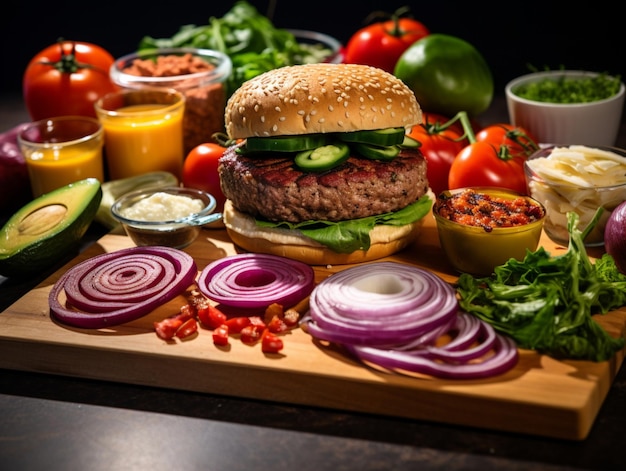 Vegan burger with plant based meat jalapeno tomato red onion vegan mayonnaise vegan cheese and green salad leaves on a fresh bun surrounded by ingredients on wooden board Vegan food concept