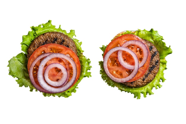 Vegan burger with Plant based meatless cutlets patties tomato and onion Isolated on white background