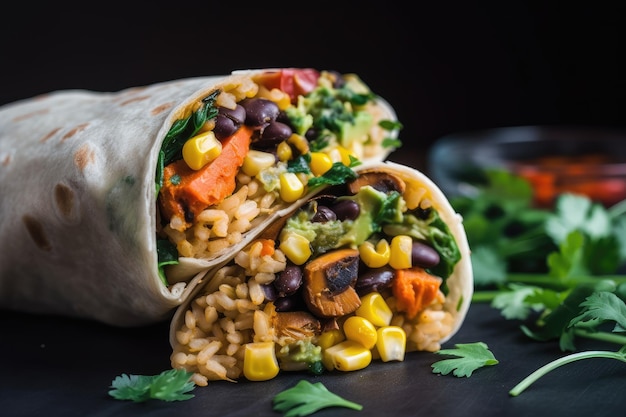 Vegan burrito bursting with sauteed vegetables and spices