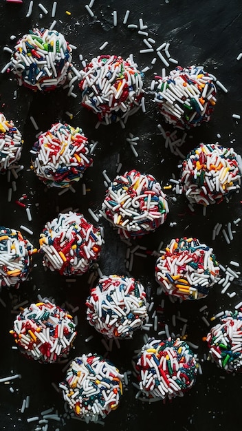 Photo vegan cake pralines coated with plain sprinkles and coconut flakes