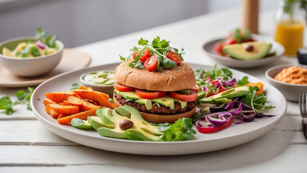 vegan cuisine with a diverse and colorful plate on a white wooden table in a restaurant include plan