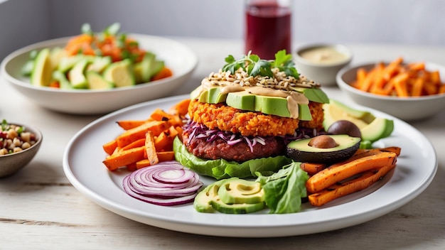 vegan cuisine with a diverse and colorful plate on a white wooden table in a restaurant include plan