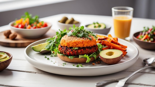 vegan cuisine with a diverse and colorful plate on a white wooden table in a restaurant include plan