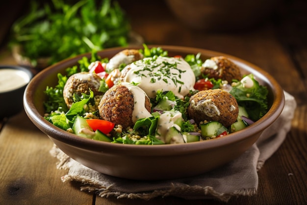 Vegan falafel salad with tahini dressing and tabbouleh