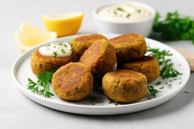 Vegan Falafel With Tahini Sauce On White Round Plate On White Background Generative AI