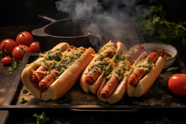 Vegan hot dogs with grill marks and smoke created with generative ai