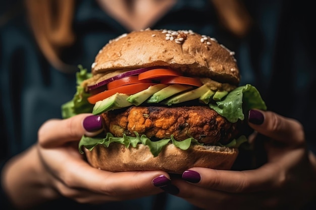 Vegan Humberger In Womens Hands Closeup Generative AI