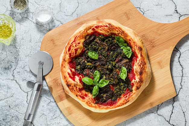 Vegan italian pizza with green vegetables and basil without cheese healthy eating