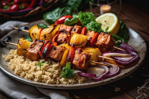 Vegan Kebab Featuring Marinated Jackfruit And Grilled Vegetables Served With Side Of Quinoa Or Rice Generative AI