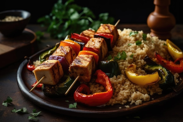 Vegan Kebab Featuring Marinated Tofu Cubes And Grilled Vegetables Served On Bed Of Quinoa Or Rice Generative AI