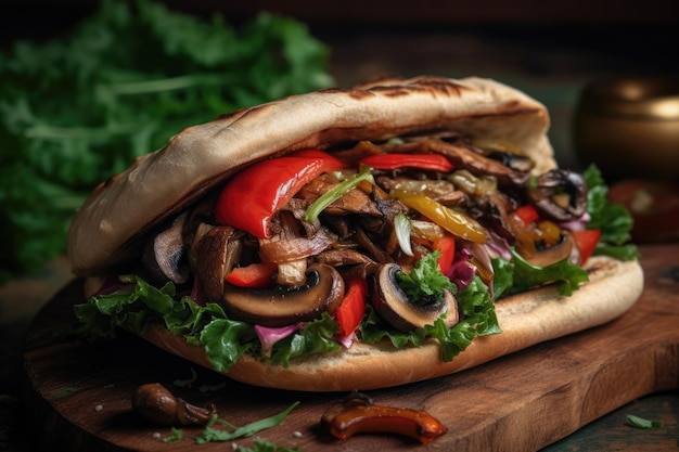 Vegan Kebab Featuring Variety Of Mushrooms Such As Portobello Shiitake And Oyster Grilled With Onions And Peppers Generative AI