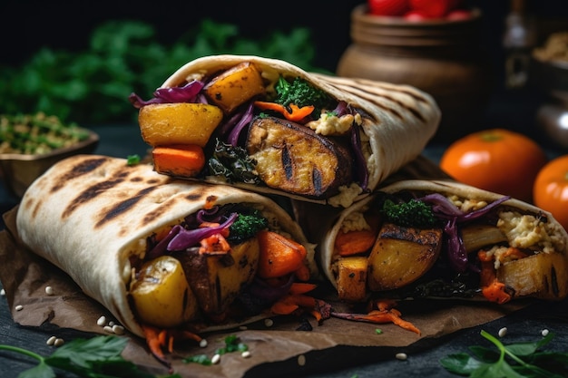 Vegan Kebab Loaded With Roasted Root Vegetables Such As Potatoes Parsnips And Carrots Grilled Until Crispy Generative AI