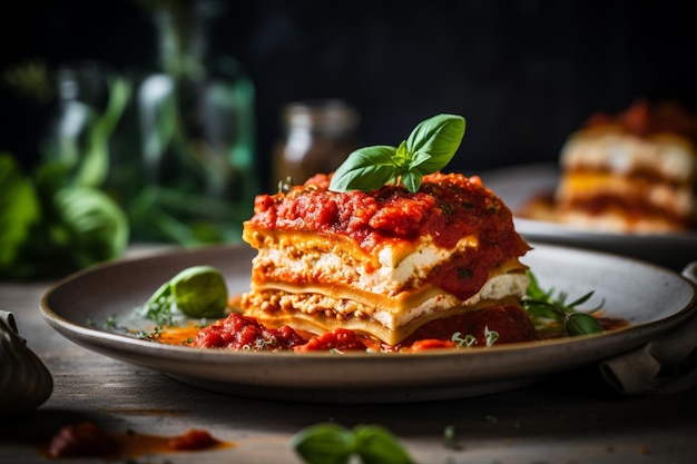 Vegan lasagna with layers of tofu ricotta and marinara sauce