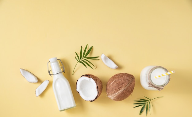 Vegan milk bottles coconut slices and palm branch on yellow background Top  view and copy space