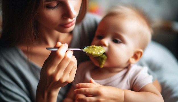 Photo vegan mother gently feeding her child with fresh homemade puree in a cozy kitchen setting