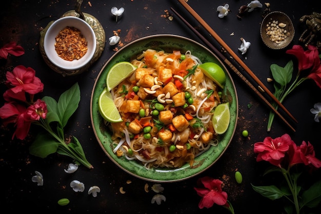 Vegan pad thai with rice noodles and peanut sauce