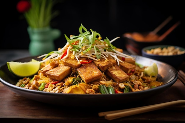 Vegan pad thai with tempeh and bean sprouts