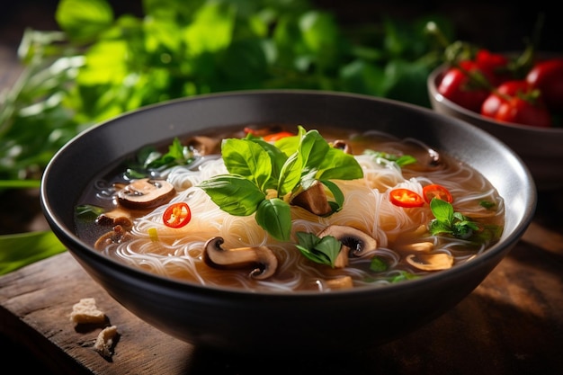 Vegan pho with mushrooms and rice noodles