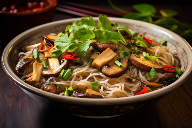 Vegan pho with mushrooms and rice noodles