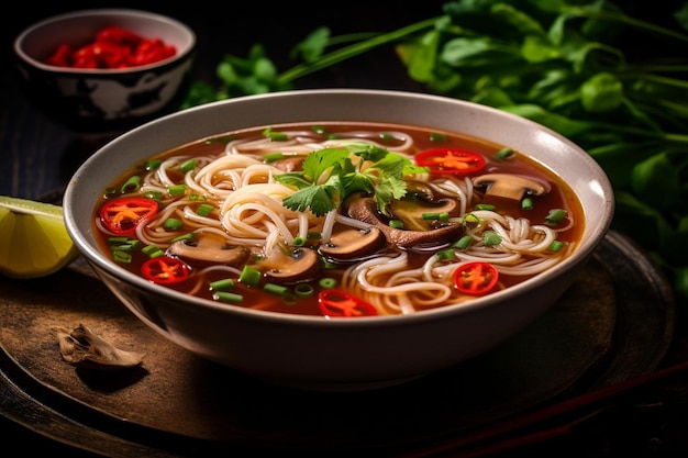 Vegan pho with rice noodles and mushroom broth