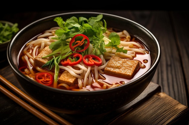 Vegan pho with rice noodles and mushroom broth