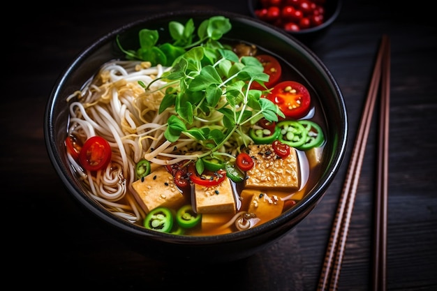 Vegan pho with tofu and bean sprouts