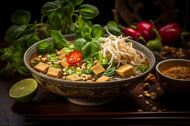 Vegan pho with tofu and bean sprouts