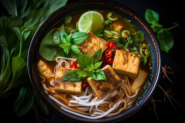 Vegan pho with tofu and fresh herbs