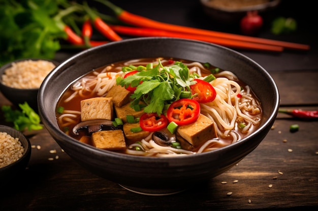 Vegan pho with tofu and snow peas