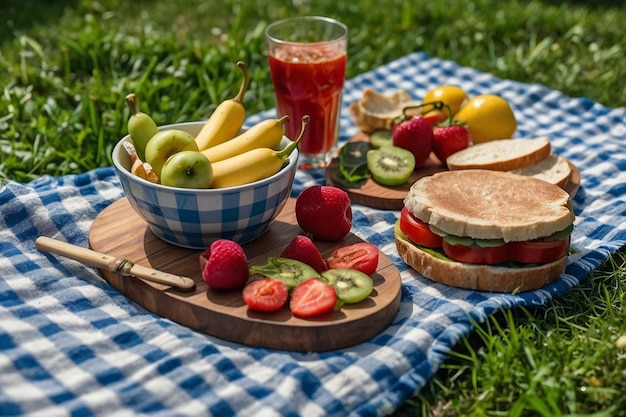 Photo a vegan picnic spread on a checkered blanket in a lush