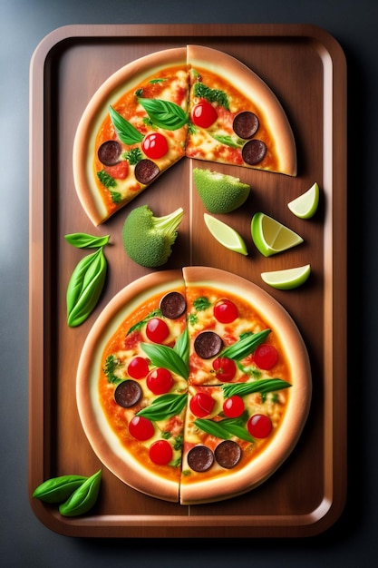 Vegan pizza on table with fruits and vegetables