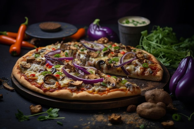 Vegan pizza topped with dairyfree cheese and fresh veggies