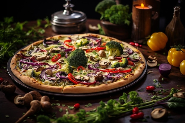 Vegan pizza topped with dairyfree cheese and fresh veggies