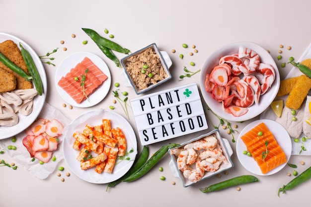 Vegan plant based fish and seafood food reducing carbon footprint