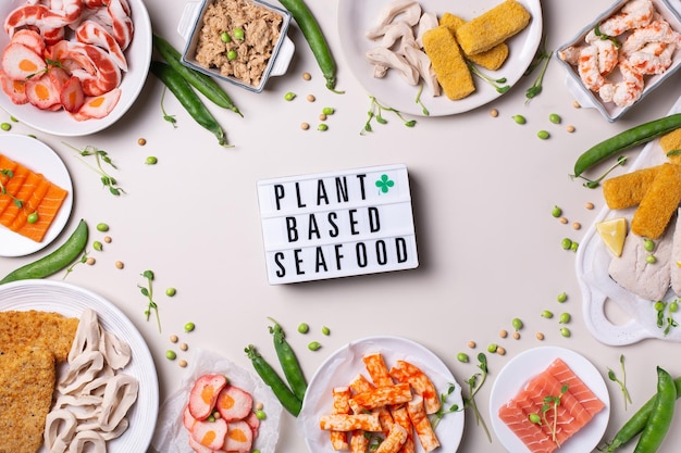 Vegan plant based fish and seafood food reducing carbon footprint