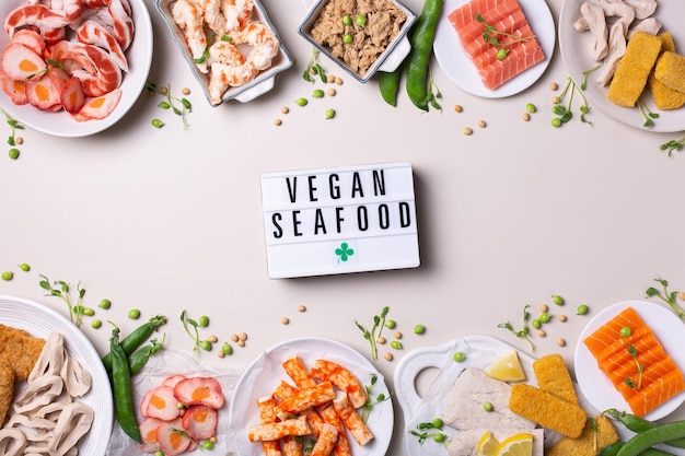 Vegan plant based fish and seafood food reducing carbon footprint