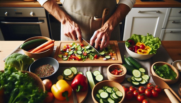 Vegan Preparing Fresh Salad in a Modern Kitchen CloseUp