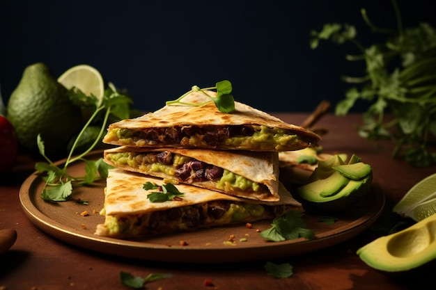 Vegan quesadillas with refried beans and avocado