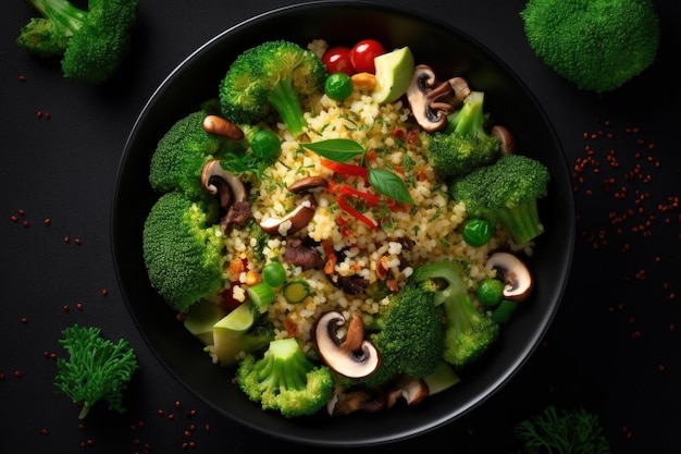 Vegan salad of vegetables broccoli mushrooms spinach and quinoa in a bowl Illustration AI Generative