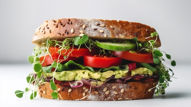 Vegan sandwiches with vegetables and microgreens on a light background closeup AI generated