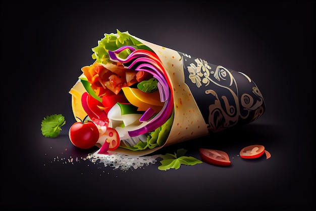 Vegan shawarma roll on a black background Generative AI Generative AI