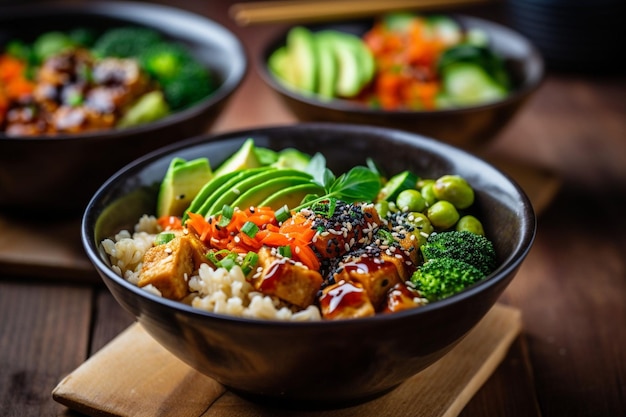 Vegan sushi bowls with assorted vegetables and tofu