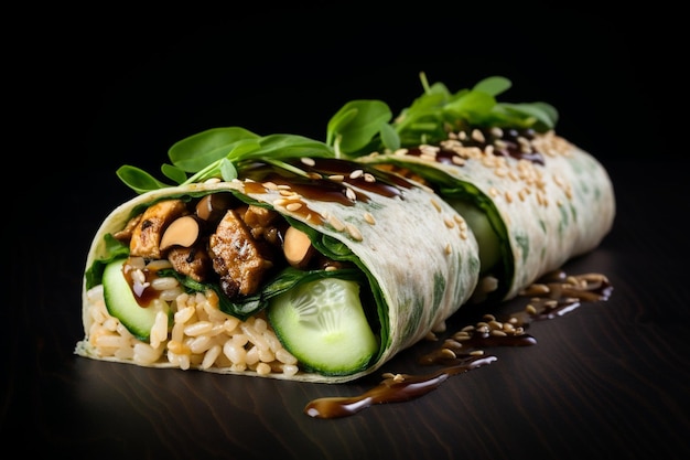 Vegan sushi burrito with marinated tofu and avocado