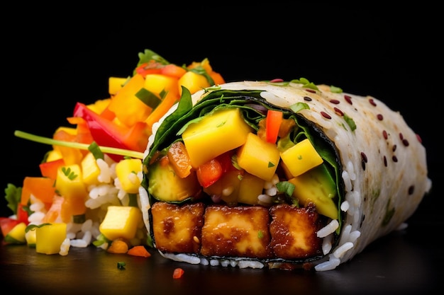 Vegan sushi burrito with marinated tofu and avocado