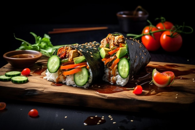 Vegan sushi burrito with marinated tofu and avocado